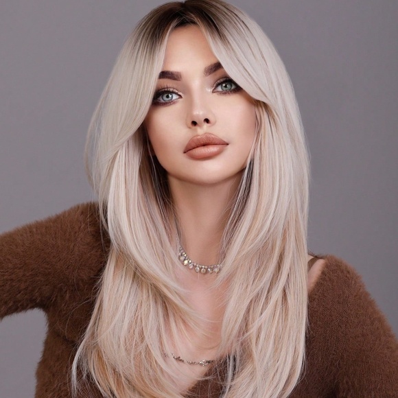 Other - Blonde Layered hair Wig With Curtain Bangs Dark Roots Medium length